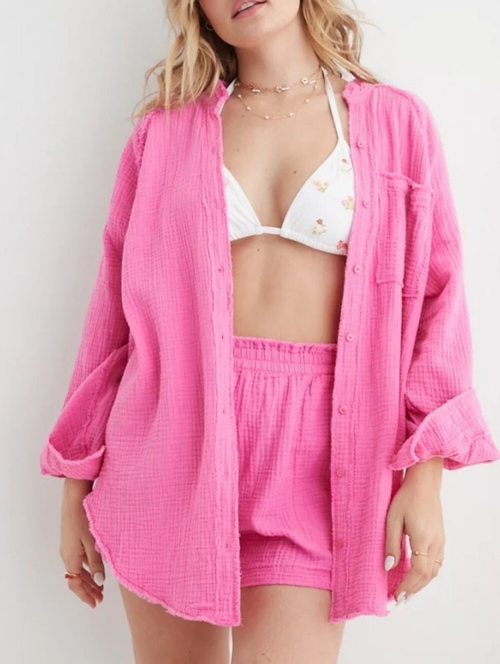 Aerie 100% Cotton Gauzy Coverup Oversized Button Shirt Size S Beachy Layering